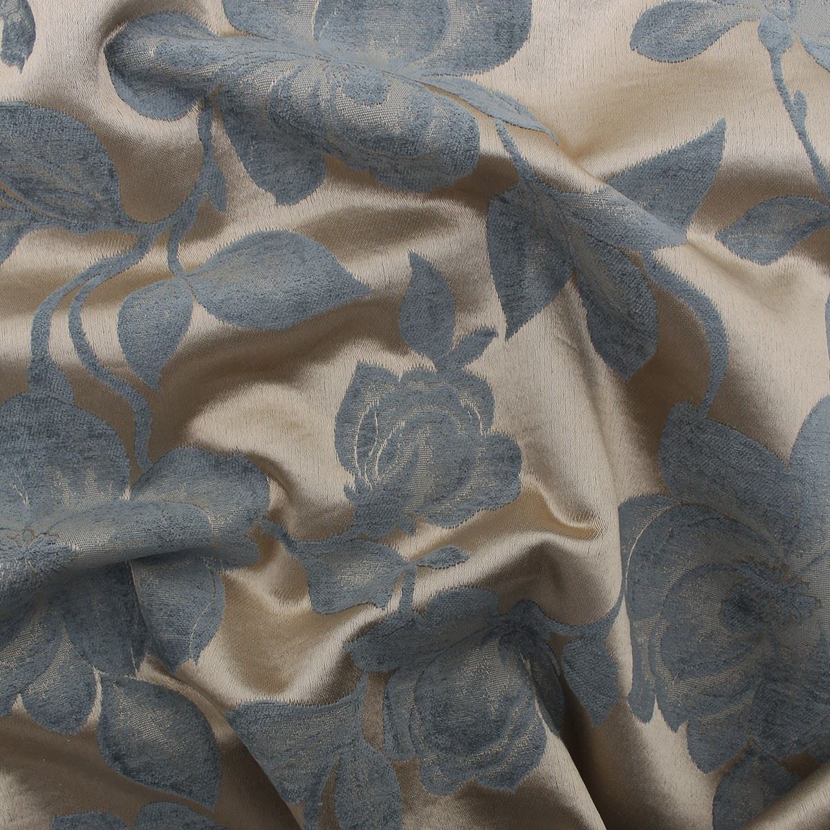 Milo Satin Velvet Floral Luxurious Gold Duck Egg Blue Curtain