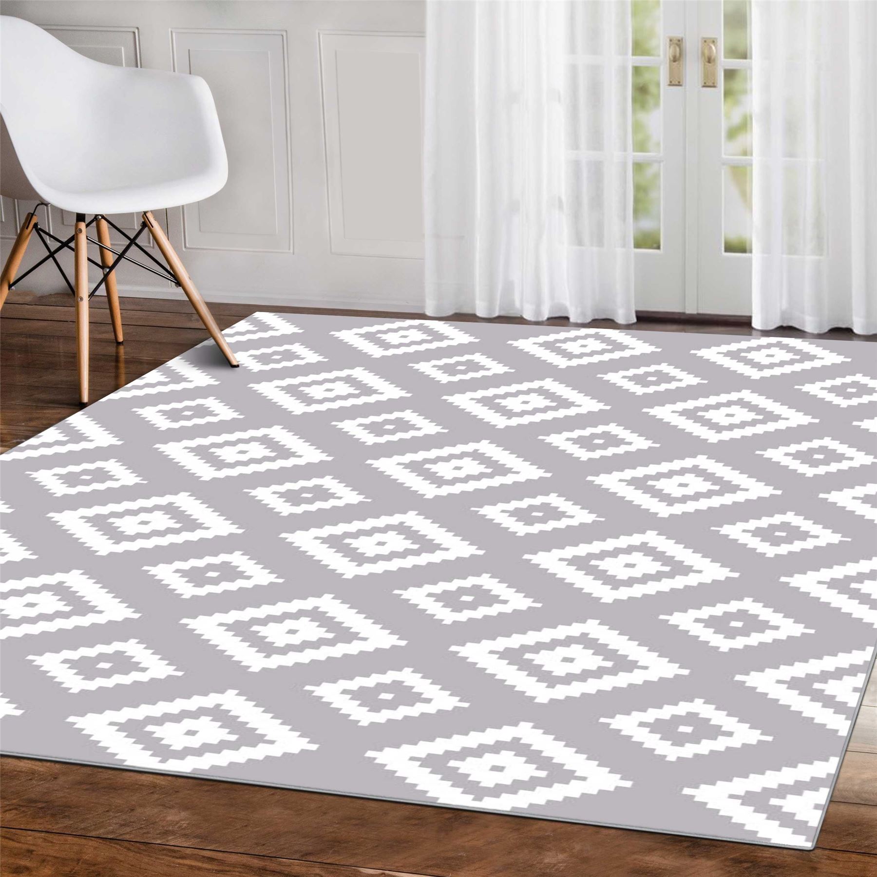 Details About White Grey Black Inverse Aztec Diamond Carpets Geometric Rugs Contemporary Mats