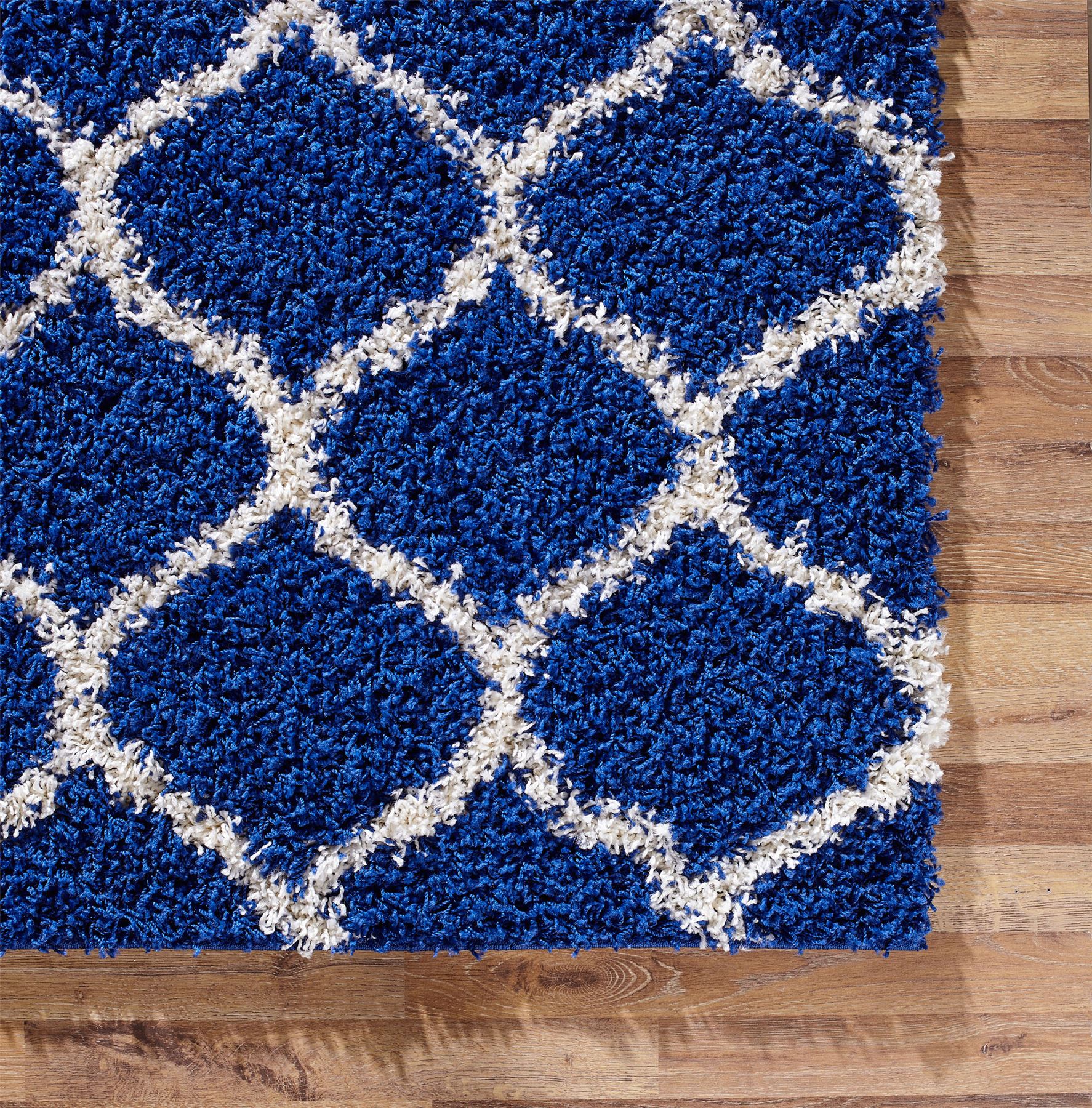 Modern Royal Blue Trellis Shaggy Carpet Contemporary Moroccan Area Rug
