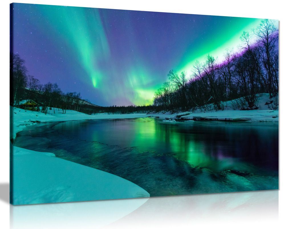 Winter River Northern Lights Aurelia Borealis Canvas Wall Art Picture