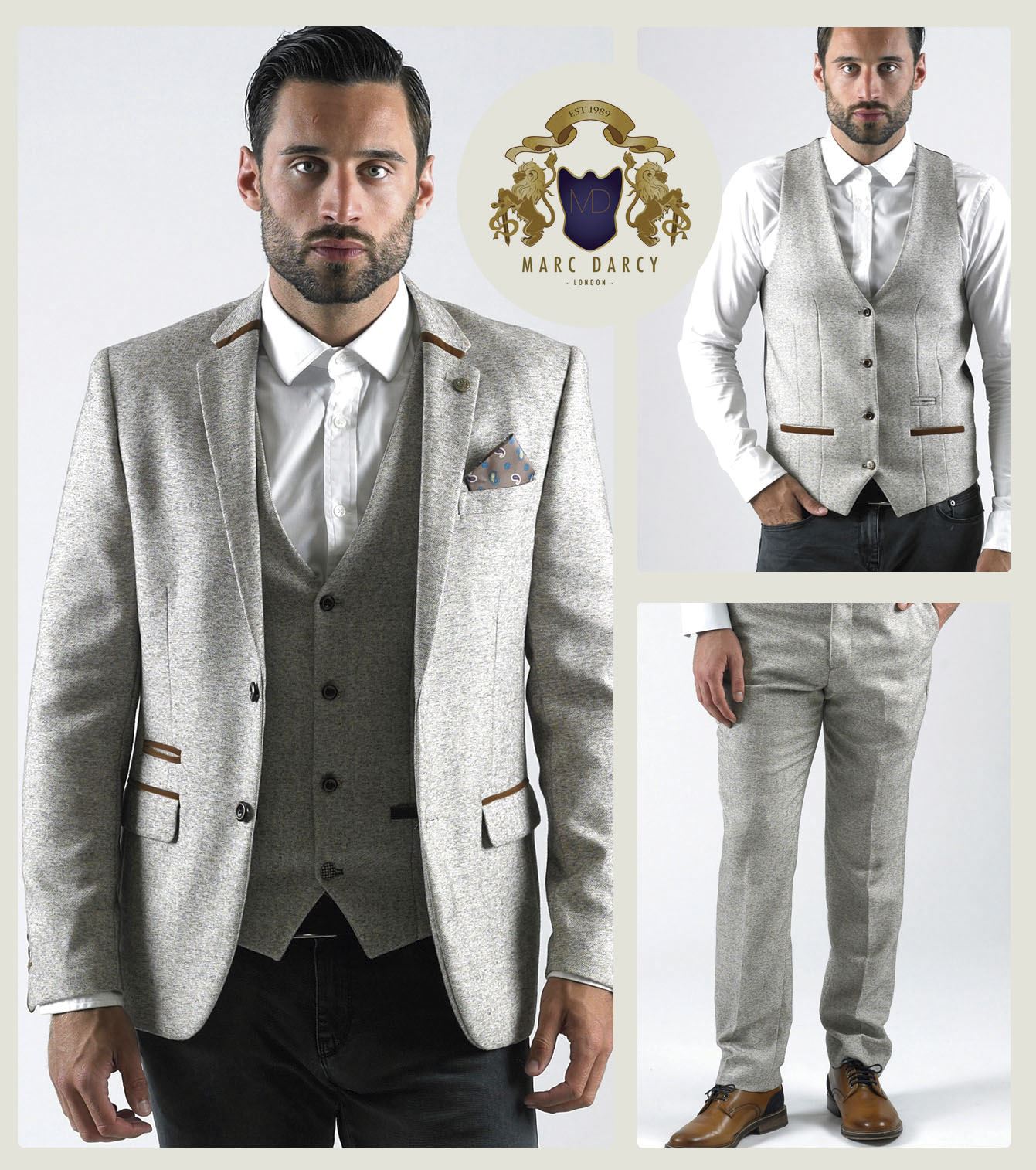 MENS MARC DARCY Designer Cream Herringbone Tweed Blazer Waistcoat