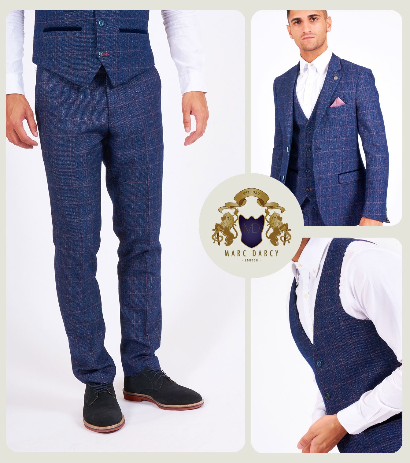 Mens Marc Darcy 3 Piece Suit Blazer Waistcoat Trousers Slim Fit Tailored Smart
