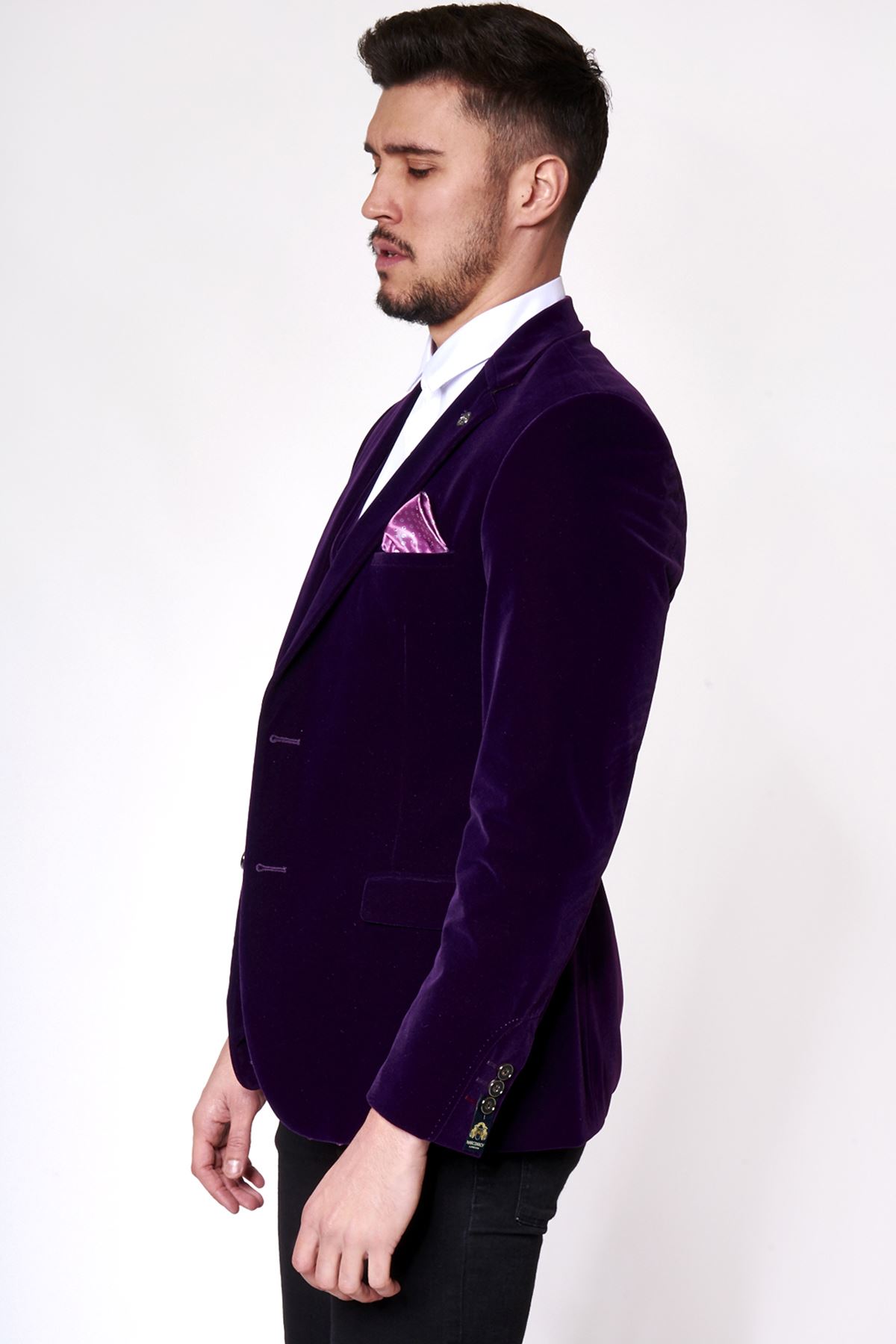MENS MARC DARCY Designer 2 Piece Purple Velvet Evening Blazer Waistcoat