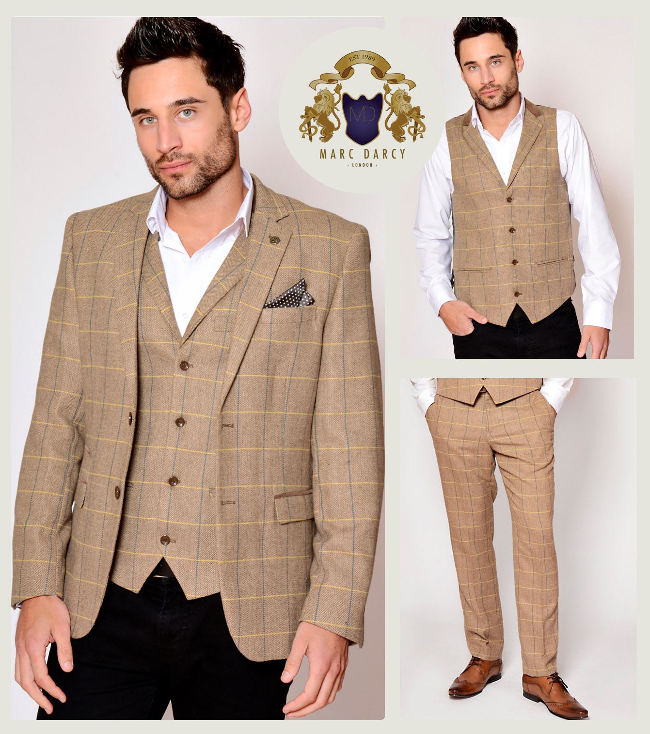 MARC DARCY MENS VICTOR GREY TWEED HERRINGBONE BLAZER WAISTCOAT TROUSERS SUIT