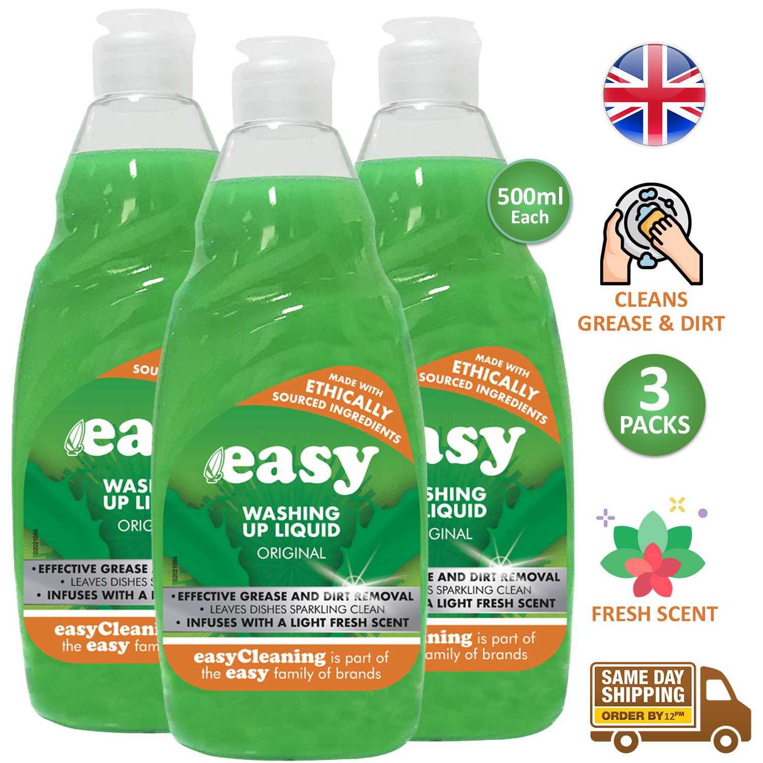 Easy Dish Washing Up Liquid Clean Scent Kitchen Soap Removes Grease Dirt 500ml - Picture 7 of 7