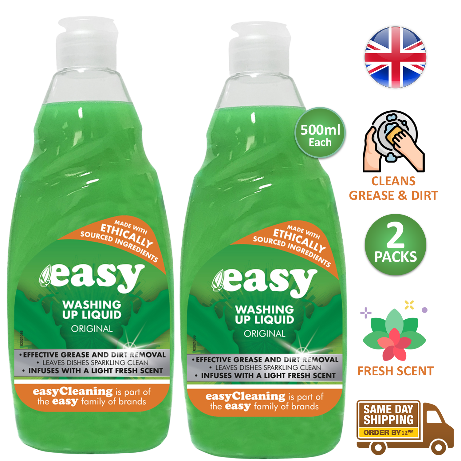 Easy Dish Washing Up Liquid Clean Scent Kitchen Soap Removes Grease Dirt 500ml - Picture 6 of 7