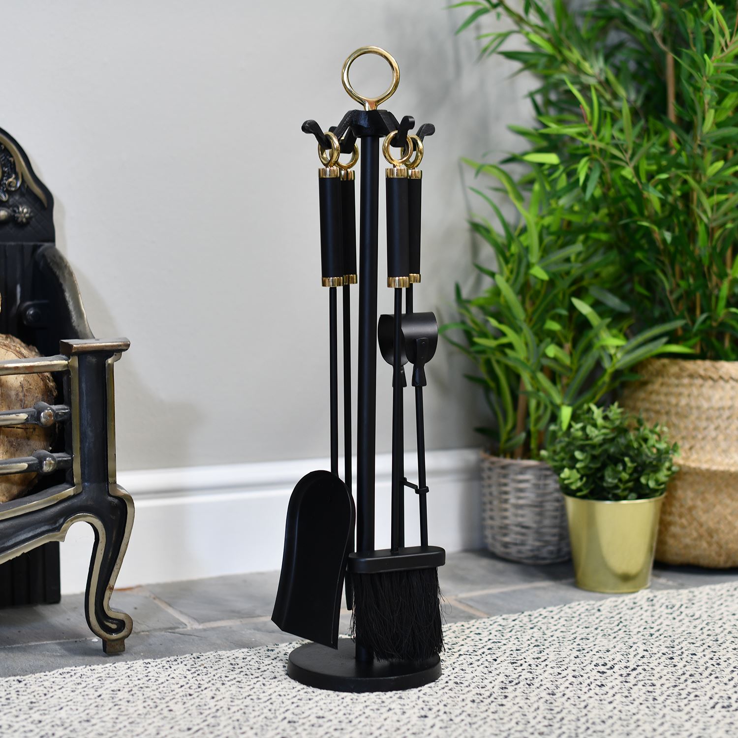 Period Fireside Companion Set In Black & Brass 66cm Tall Fireplace