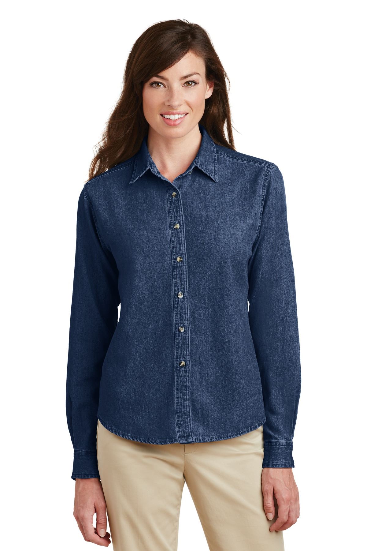 Port & Company Womens Long Sleeve Denim Button Down Collar Shirt LSP10 - Picture 6 of 7