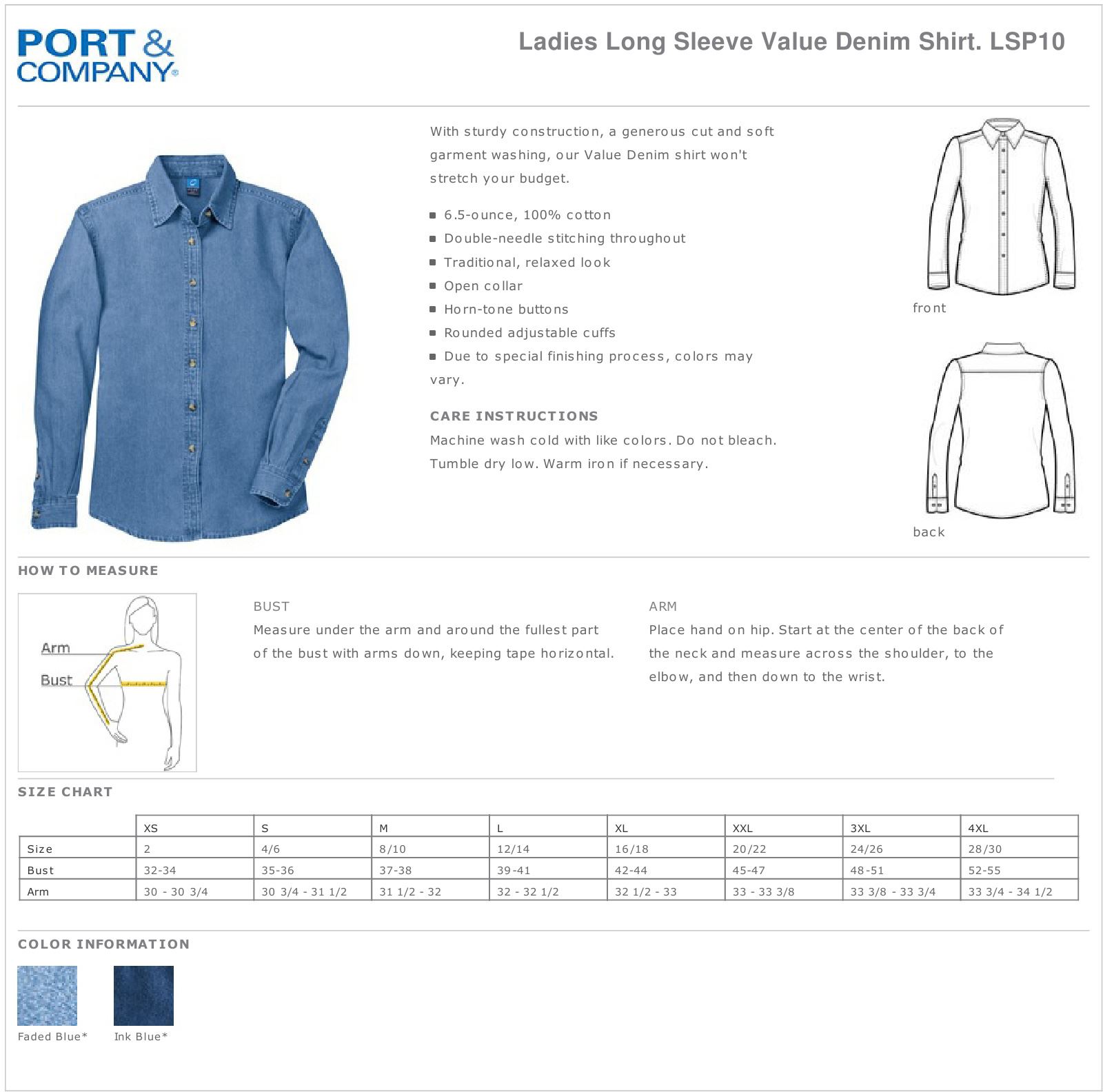 Port & Company Womens Long Sleeve Denim Button Down Collar Shirt