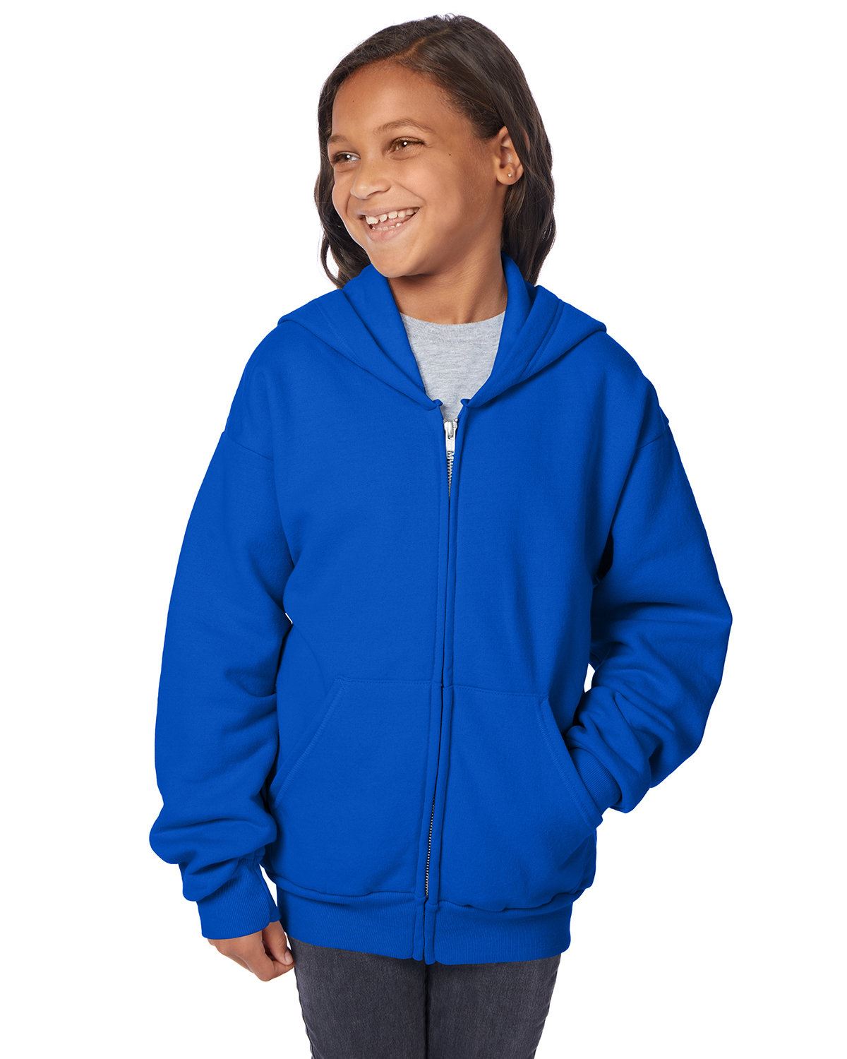 Hanes Youth 7.8 oz Long Sleeve EcoSmart 50/50 Full-Zip Hooded Sweatshirt P480 - Picture 9 of 17