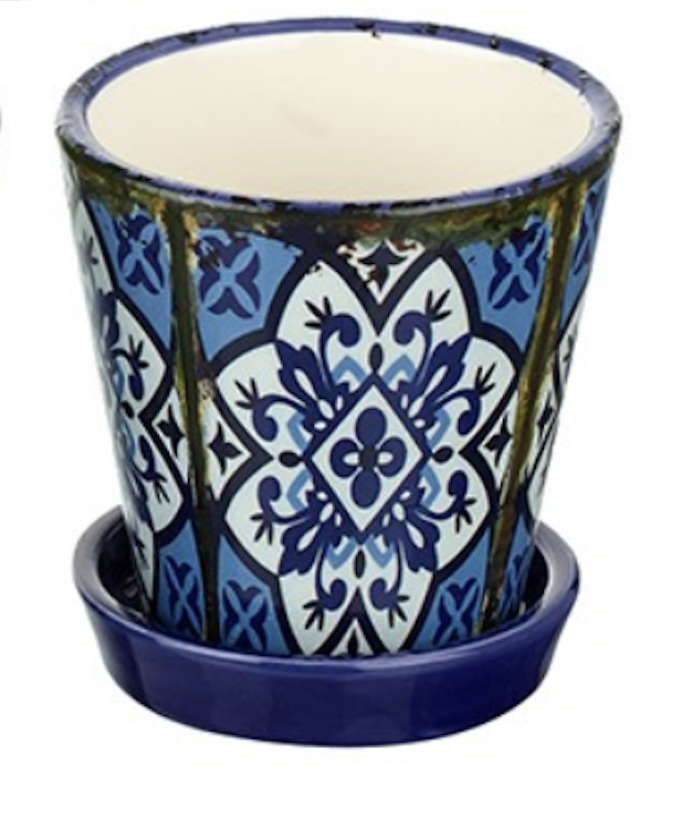 Mini Pflanztopf x1, mediterran dunkelblau & weiß geometrisch Kräutertopf & Untertasse - Bild 12 von 13