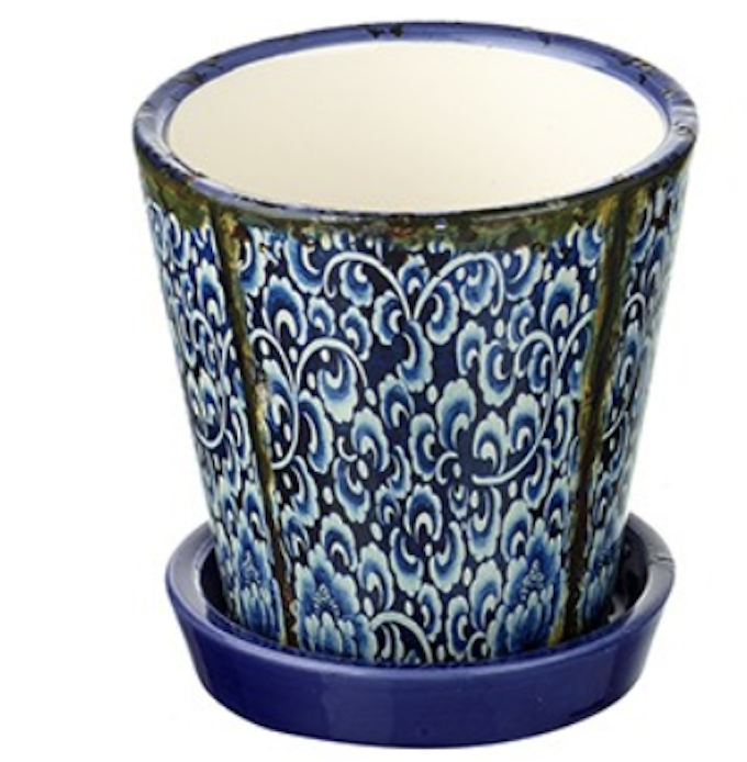 Mini Pflanztopf x1, mediterran dunkelblau & weiß geometrisch Kräutertopf & Untertasse - Bild 6 von 13