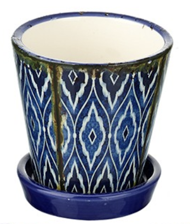 Mini Pflanztopf x1, mediterran dunkelblau & weiß geometrisch Kräutertopf & Untertasse - Bild 8 von 13