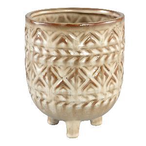 Tribal Plant Pot with Feet, Glazed Geometric Beige Ceramic Rustic Planter, Esila - Picture 3 of 4
