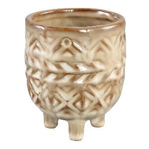 Tribal Plant Pot with Feet, Glazed Geometric Beige Ceramic Rustic Planter, Esila - Picture 2 of 4