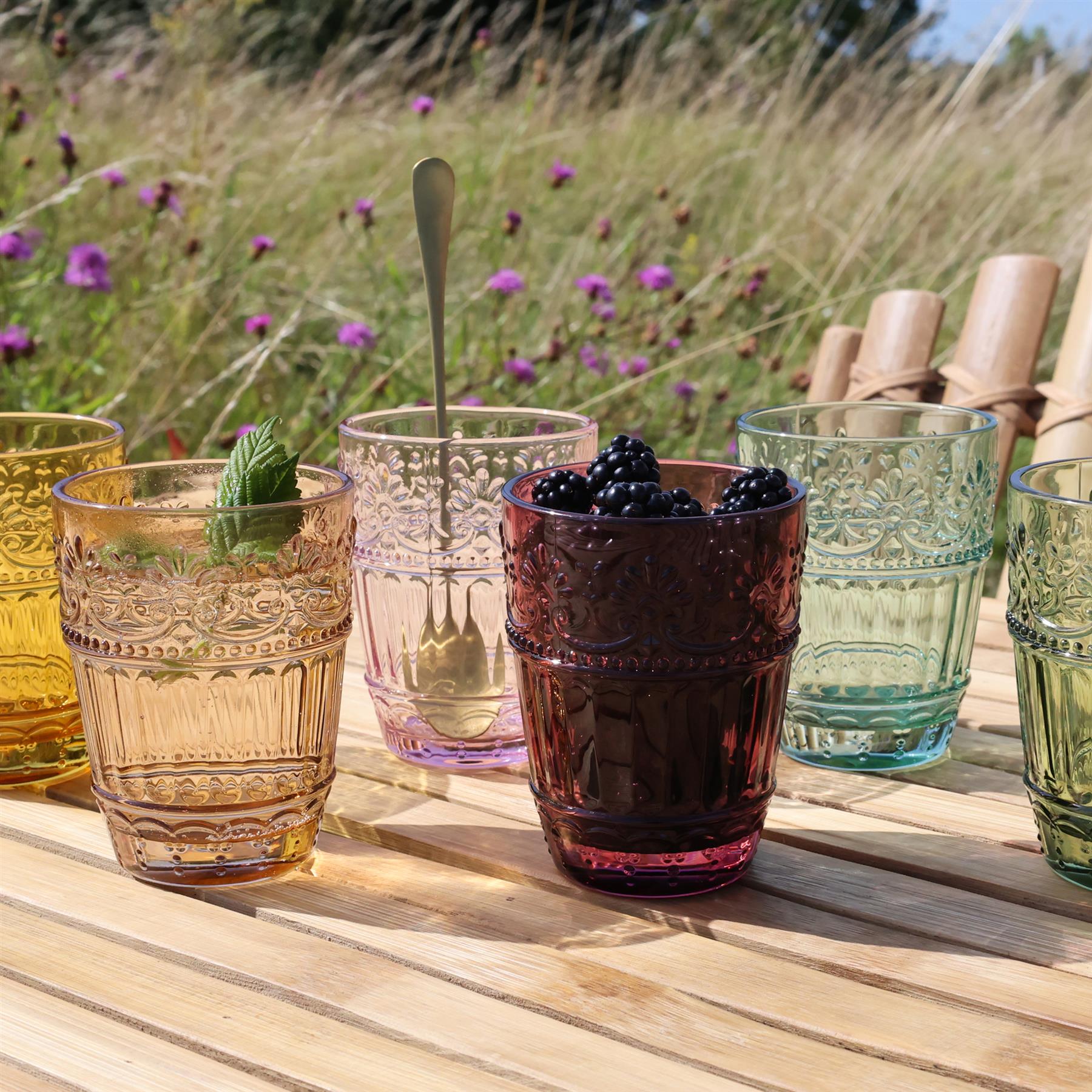 Bunter Glasbecher x 1, hoch farbiges Glas Wasser Getränke Glas mit Muster - Bild 8 von 46