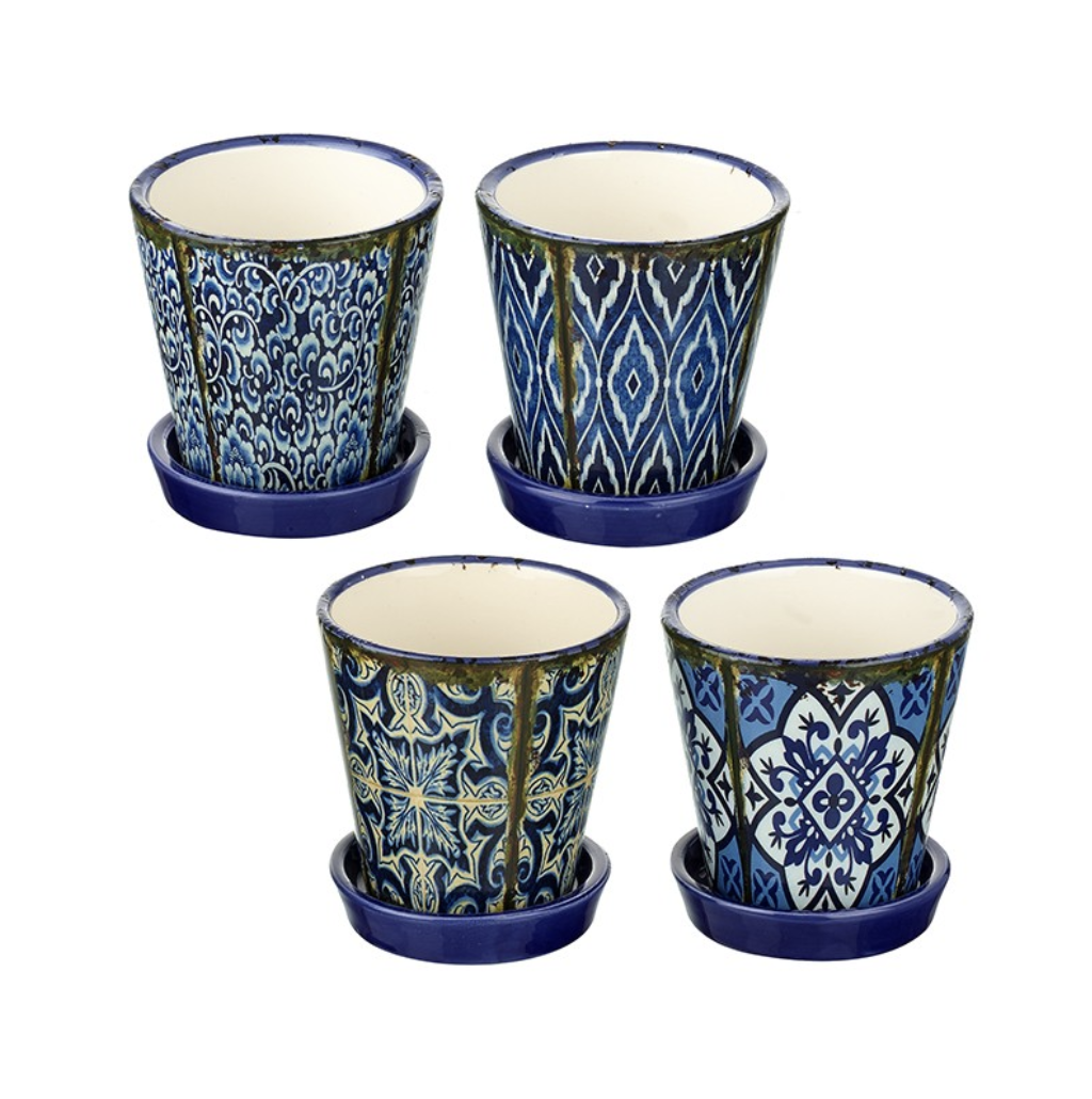 Mini Pflanztopf x1, mediterran dunkelblau & weiß geometrisch Kräutertopf & Untertasse - Bild 11 von 13