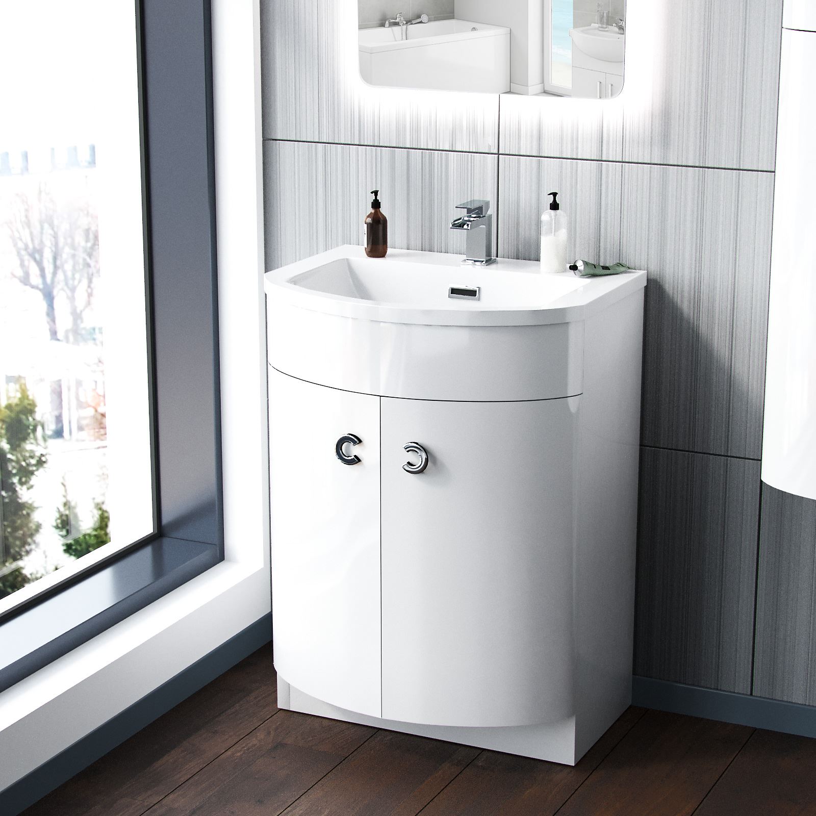 DENE FREESTANDING MODERN WHITE GLOSS POLY MARBLE BASIN VANITY UNIT