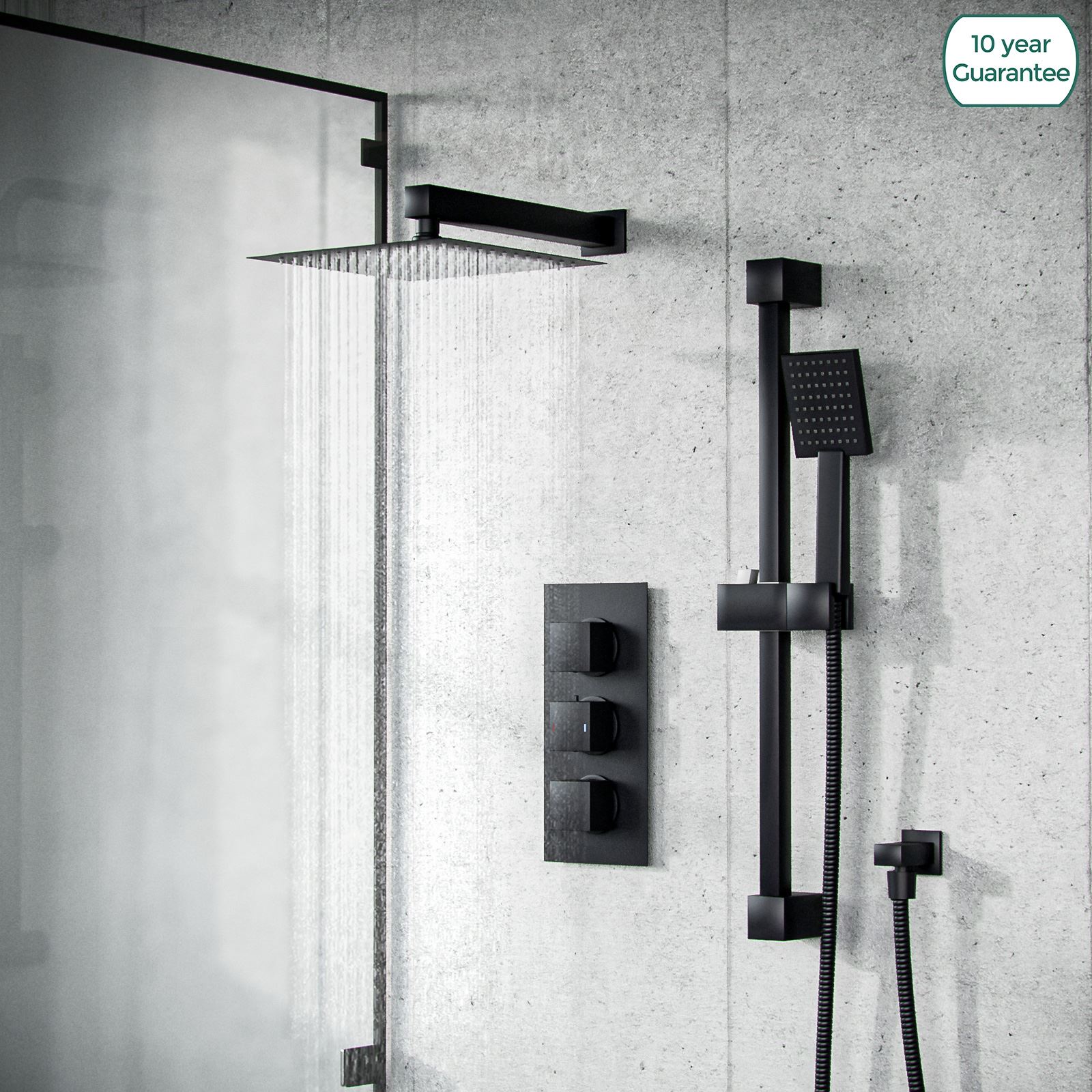 Rainfall Shower Head Thermostatic Mixer Valve Hand Held Matt Black KitTemel