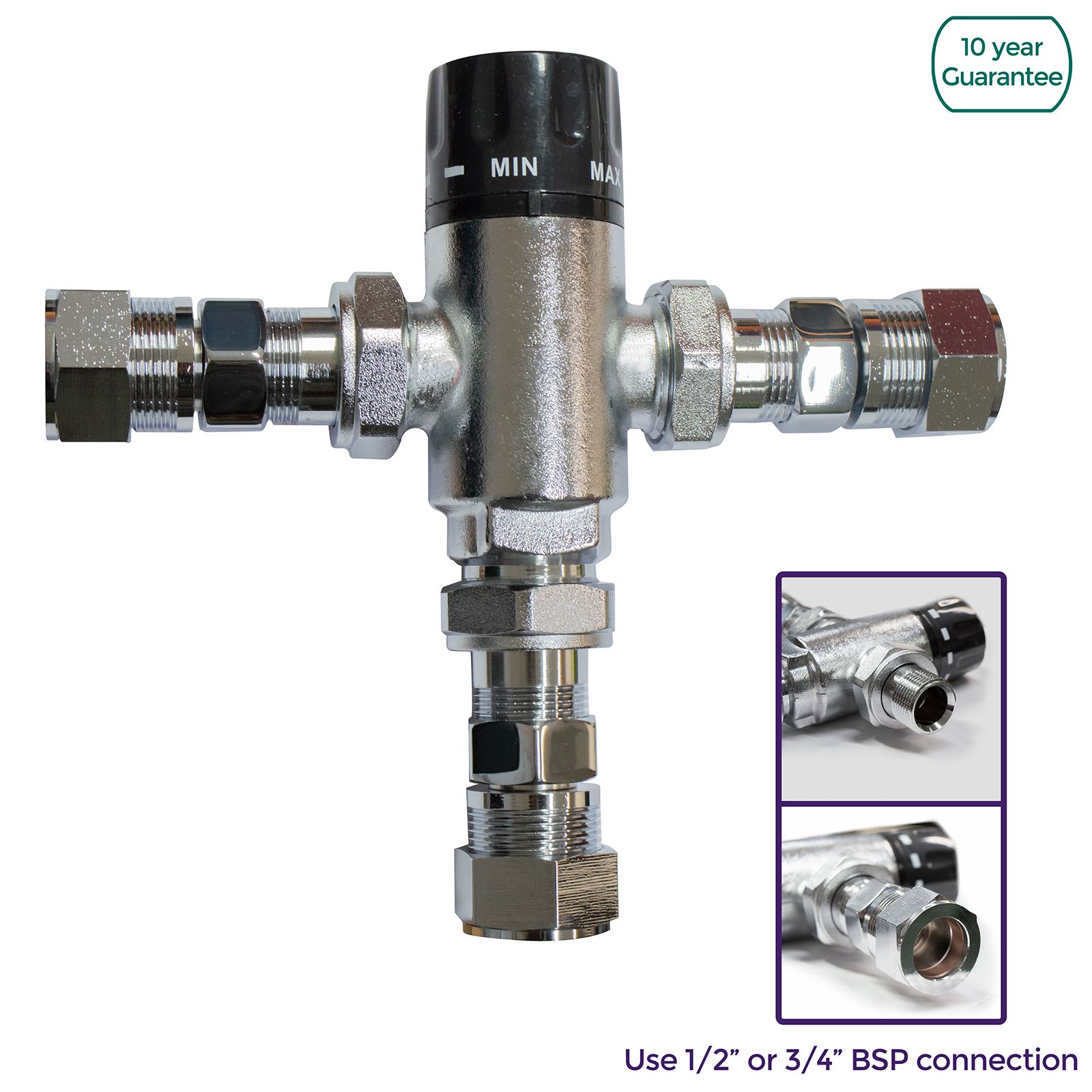 Thermostatic Mixing Bathroom 22mm Inline Blending Valve Solid Brass TMV