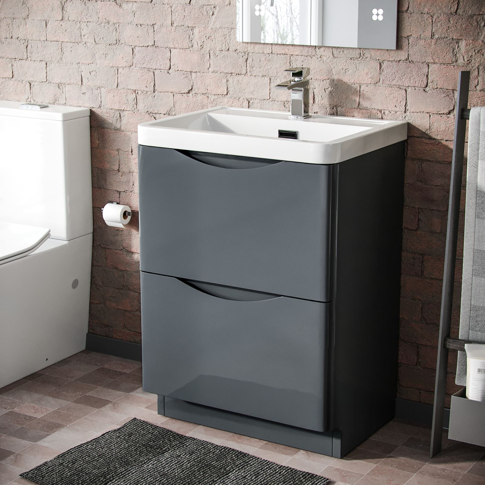 LYNDON 600MM FREESTANDING BATHROOM DARK GREY GLOSS VANITY UNIT AND