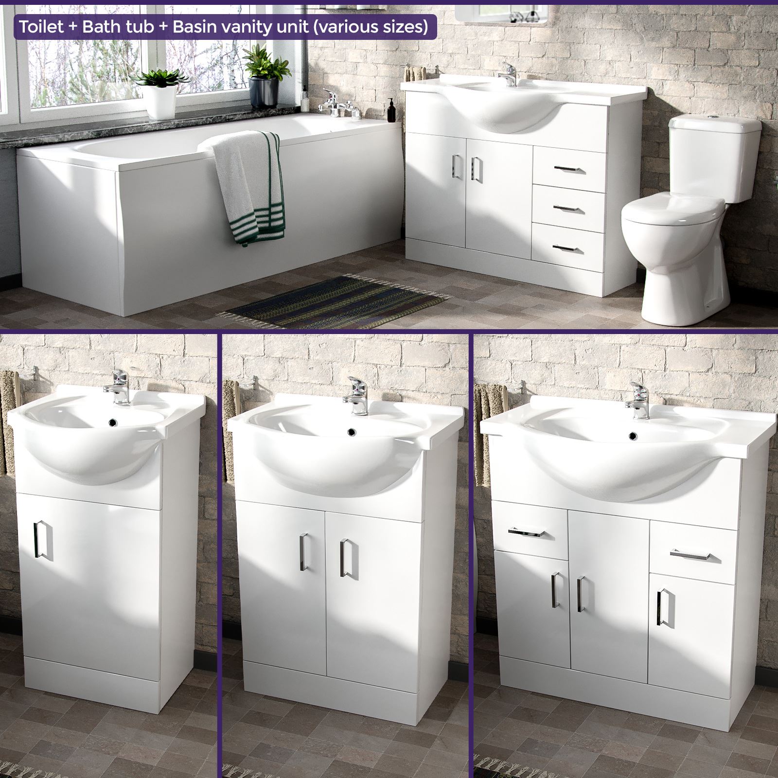 Basin Vanity, WC Toilet Pan and Bath Tub 3Piece Bathroom Suite