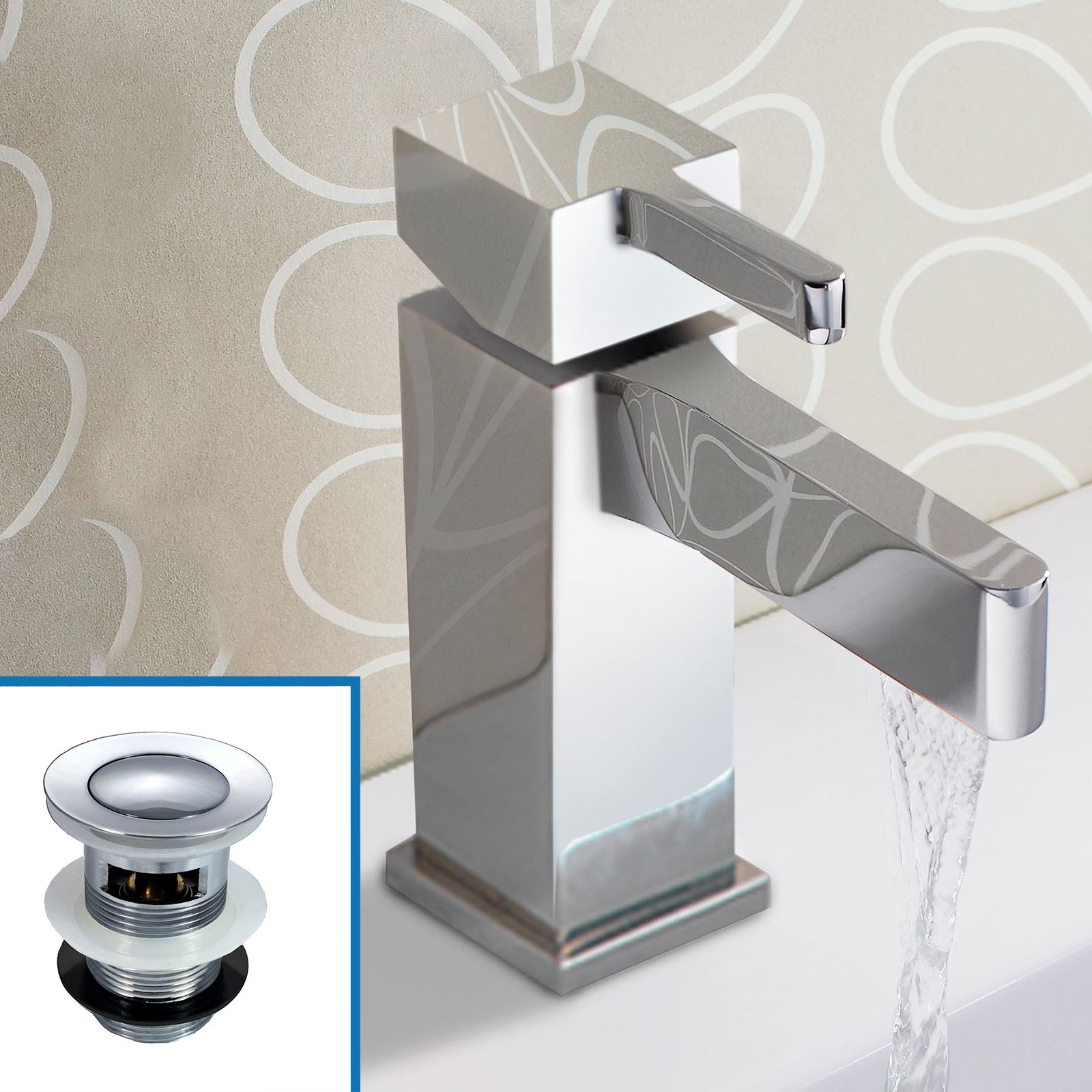 Square Basin Mono Mixer Sink Tap Bathroom Waterfall Heavy Brass Chrome Waste