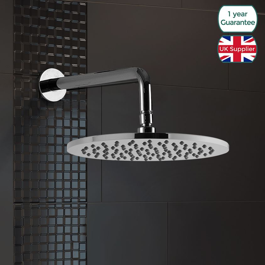 ROUND WALL MOUNTED OVERHEAD CHROME RAIN SHOWER HEAD WITH SWIVEL ELBOW