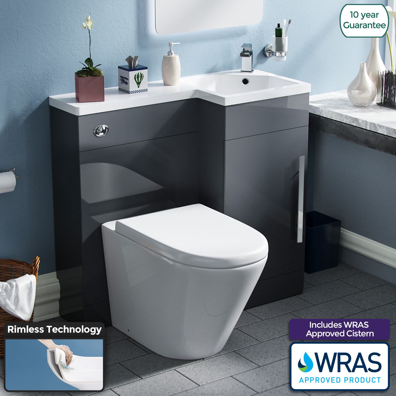 900mm Right Hand Cloakroom Grey WC Basin Sink Vanity Unit and Toilet