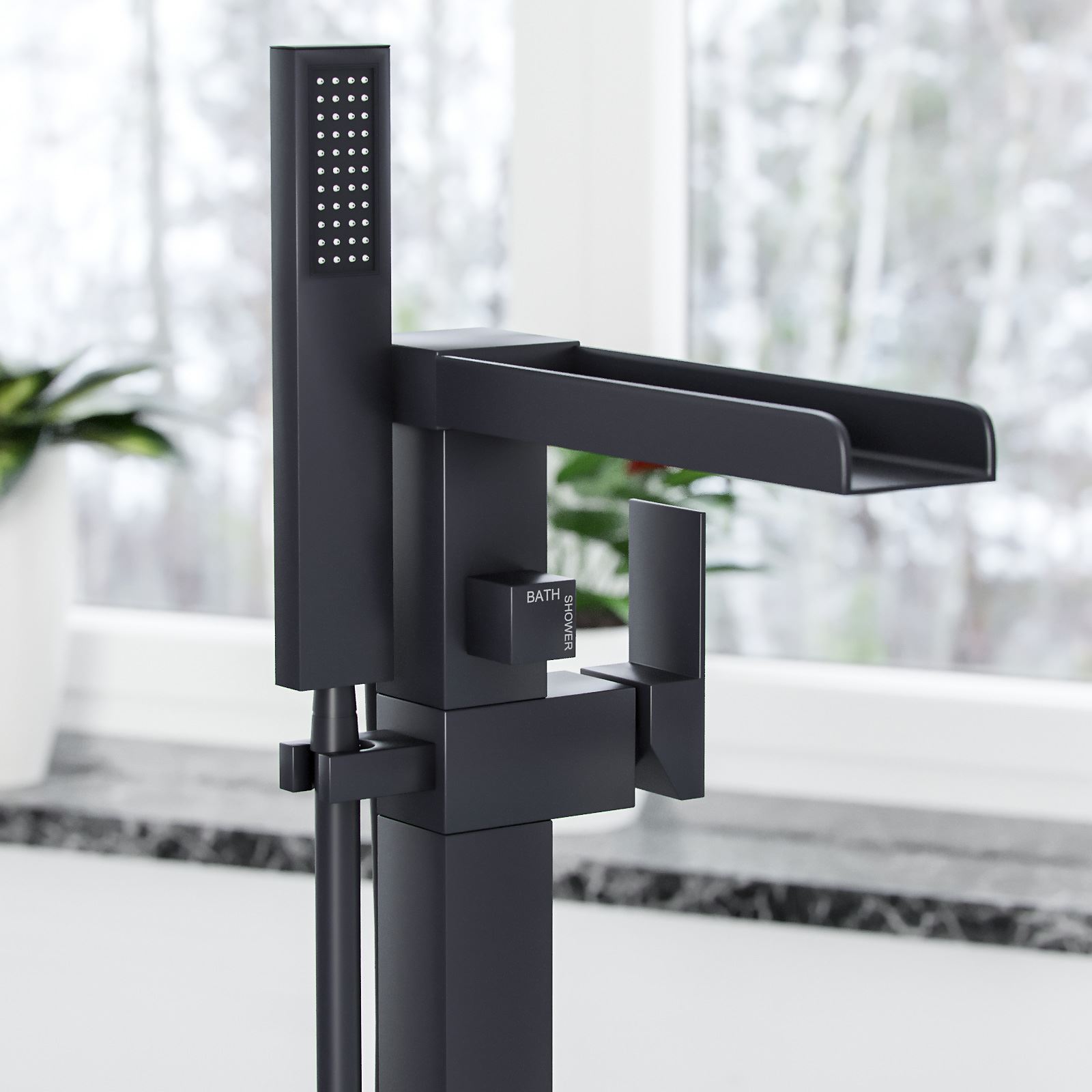 Ozone Bathroom Black Matt Square Freestanding Waterfall Bath Shower