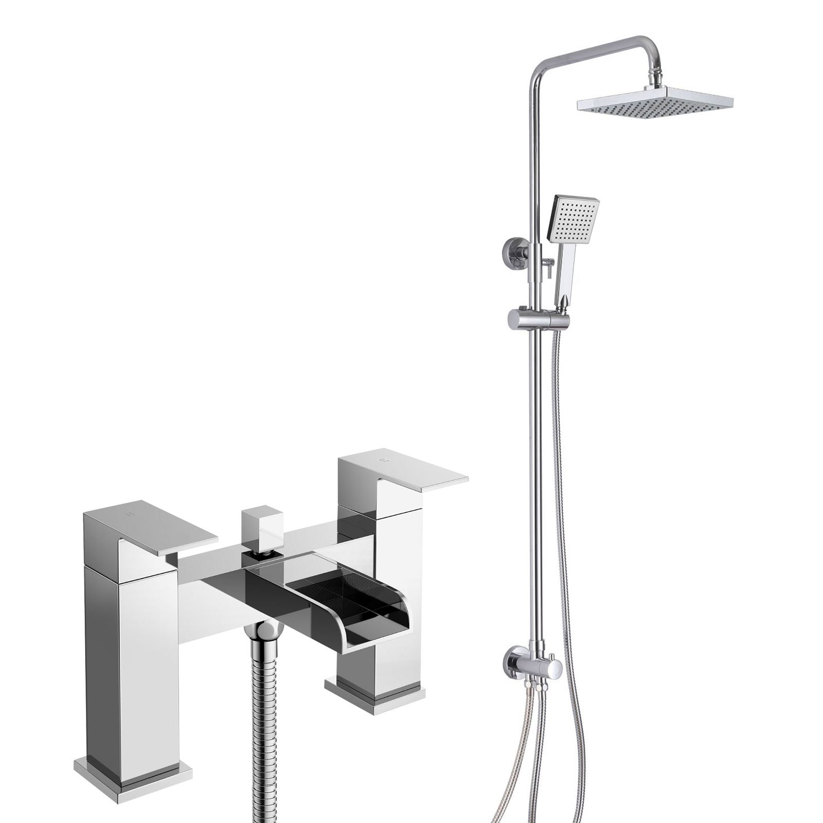 ZEROL EXPOSED SQUARE BATHROOM RISER RAIL SHOWER MIXER AND BATH FILLER