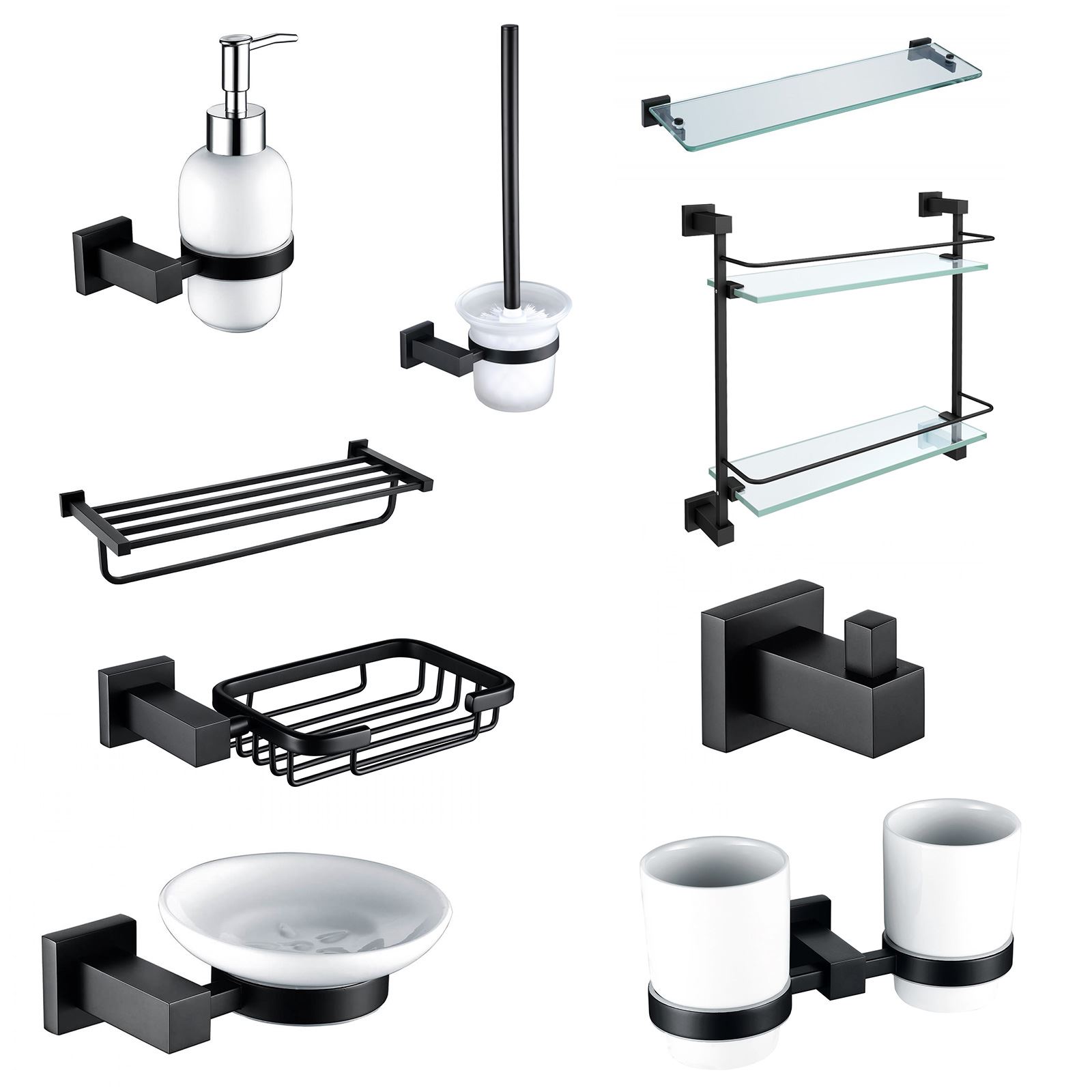 Matte Black Square Modern Solid Brass Wall Mounted Bathroom Accessories