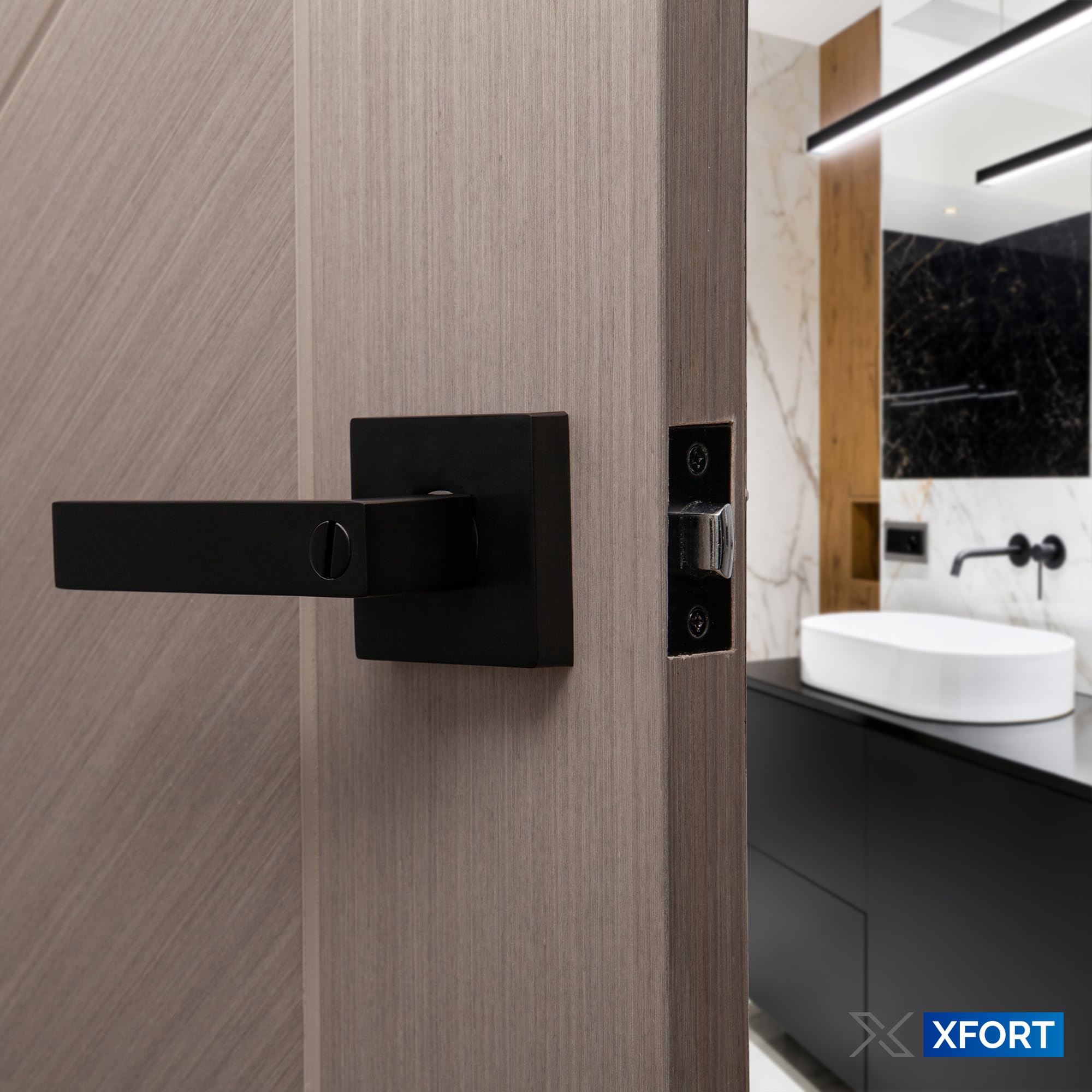 XFORT Quad Privacy Door Handle Set, Handle with Lock for Bathroom Door, Pair - Picture 5 of 23