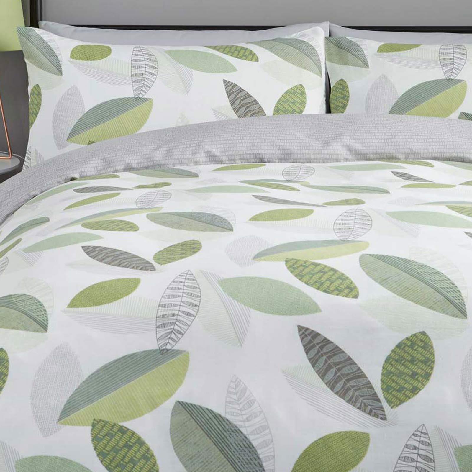 Green Duvet Covers Geometric Leaf Print Reversible Grey Quilt Cover