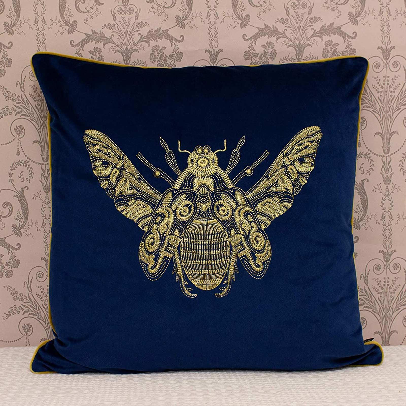 Velvet Cushion Cover Cerana Gold Embroidered Bee Covers 20" x 20" by