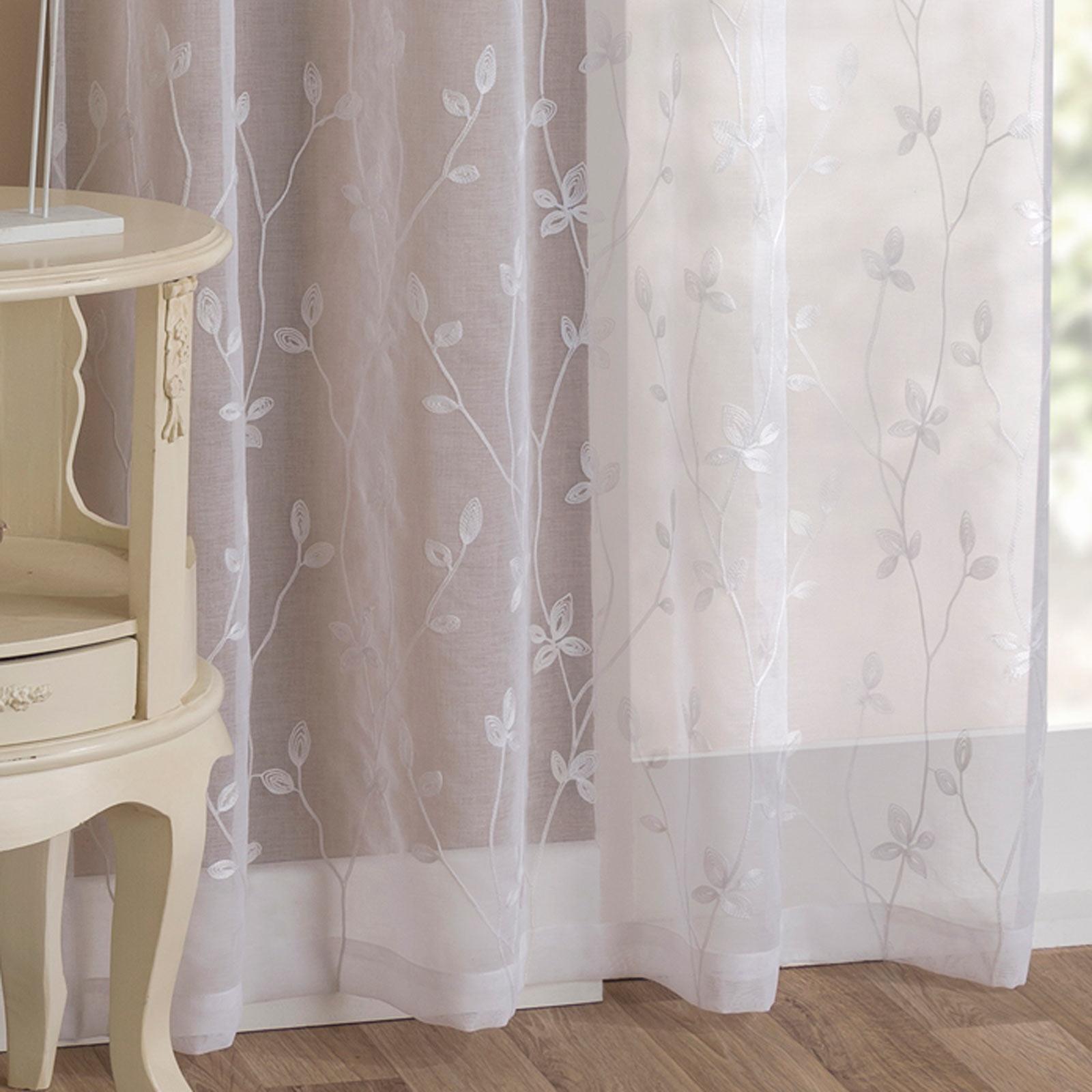 White Voile Curtain Floral Embroidered Slot Top Panels Rod Pocket Sheer Voiles Ebay