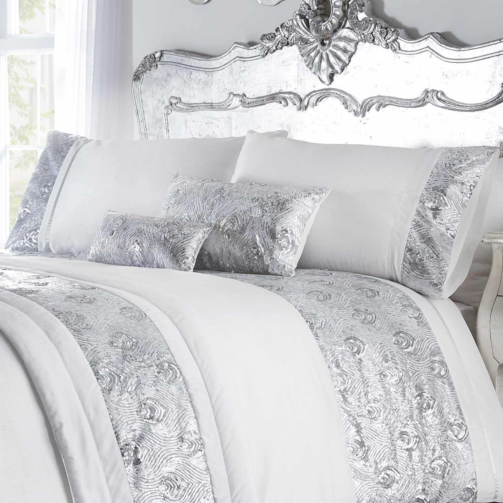 Silver Duvet Covers White Sequin Sparkle Glam Faux Silk Quilt Cover