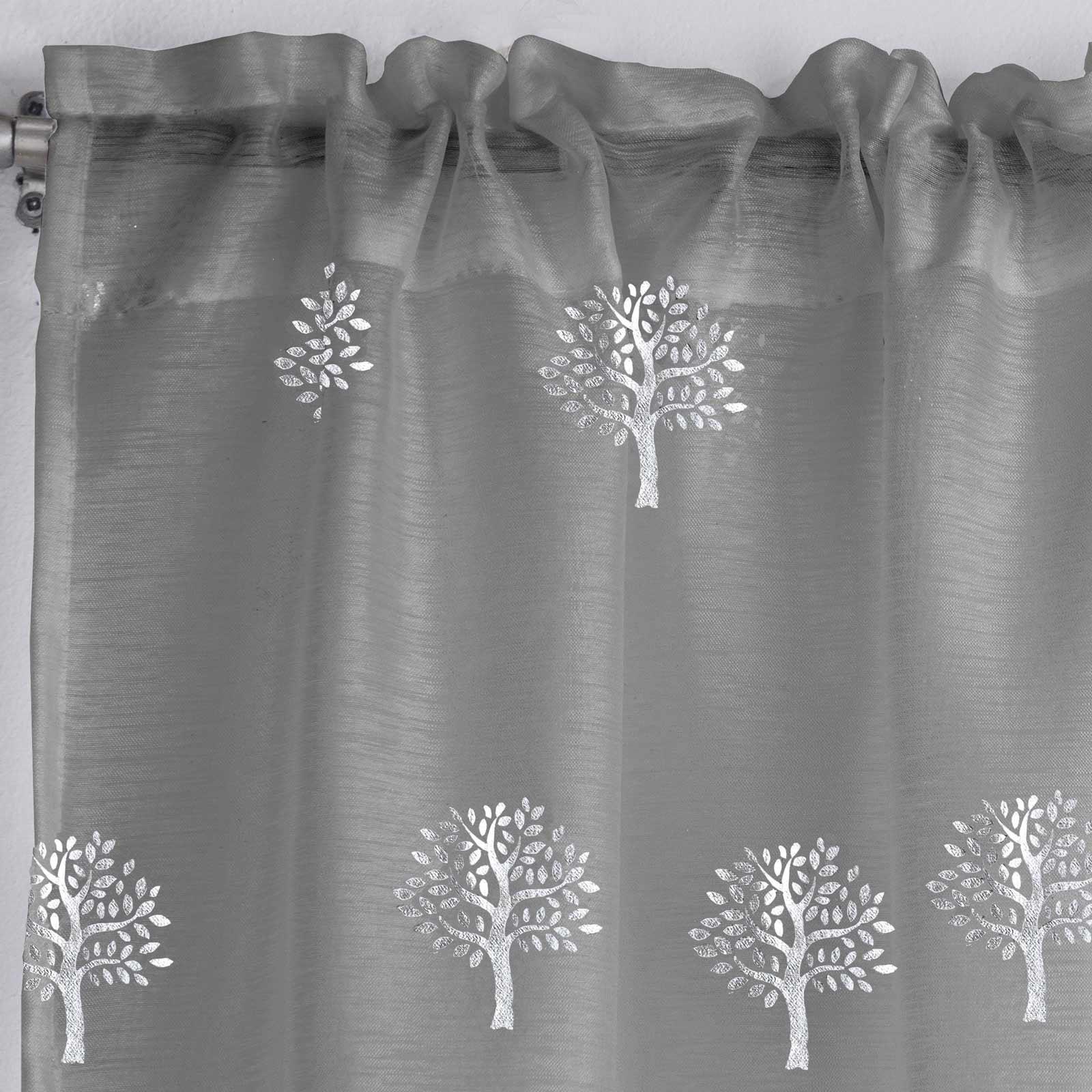 Grey Voile Curtain Silver Metallic Trees Slot Top Panels Rod Pocket