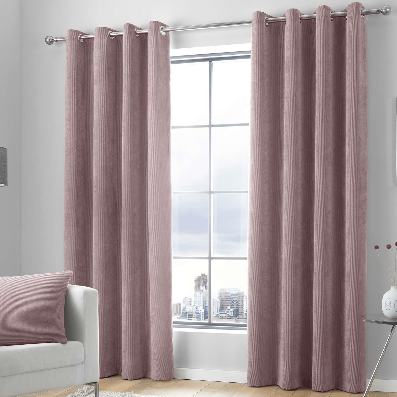 Pink Eyelet Curtains Blush Plain Cord Chenille Ready Made Lined Ring Top Pairs