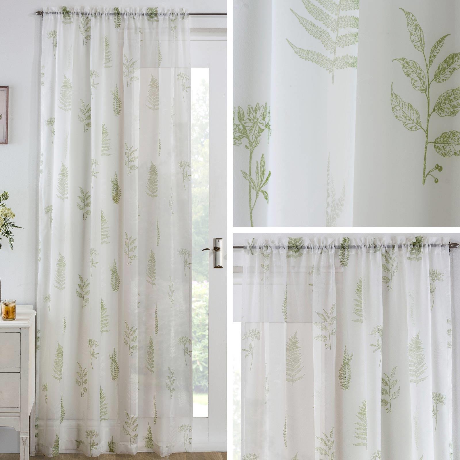Green Voile Curtain Fern Leaf Botanical Slot Top Panels Rod Pocket