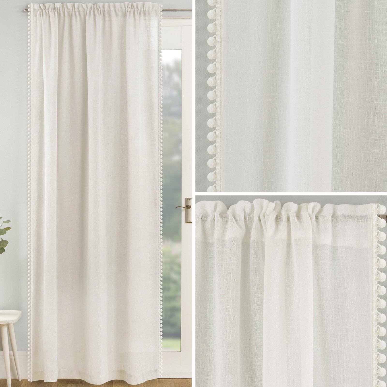 Cream Voile Curtain Pom Pom Trim Panels Slot Top Sheer Plain Linen