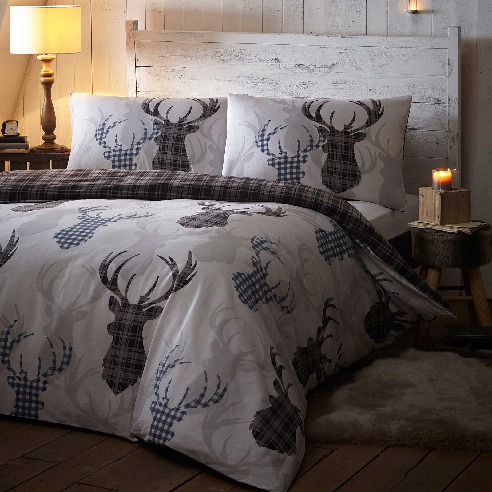 Grey Duvet Covers Tartan Checked Stag Head Reversible Quilt Cover