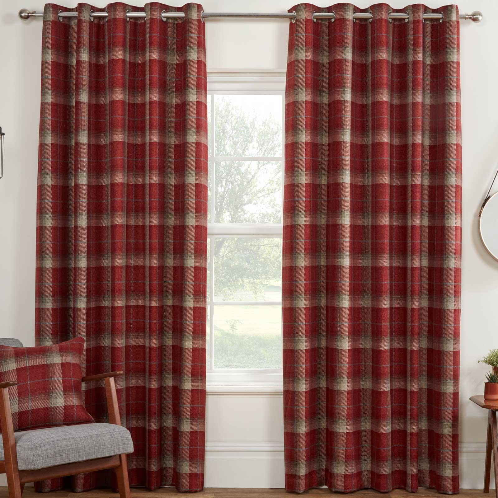 Red Eyelet Curtains Tartan Check Plaid Modern Ready Made Lined Ring Top Pairs Red Eyelet Curtains Tartan Check Plaid Modern Ready Made Lined Ring Top Pairs