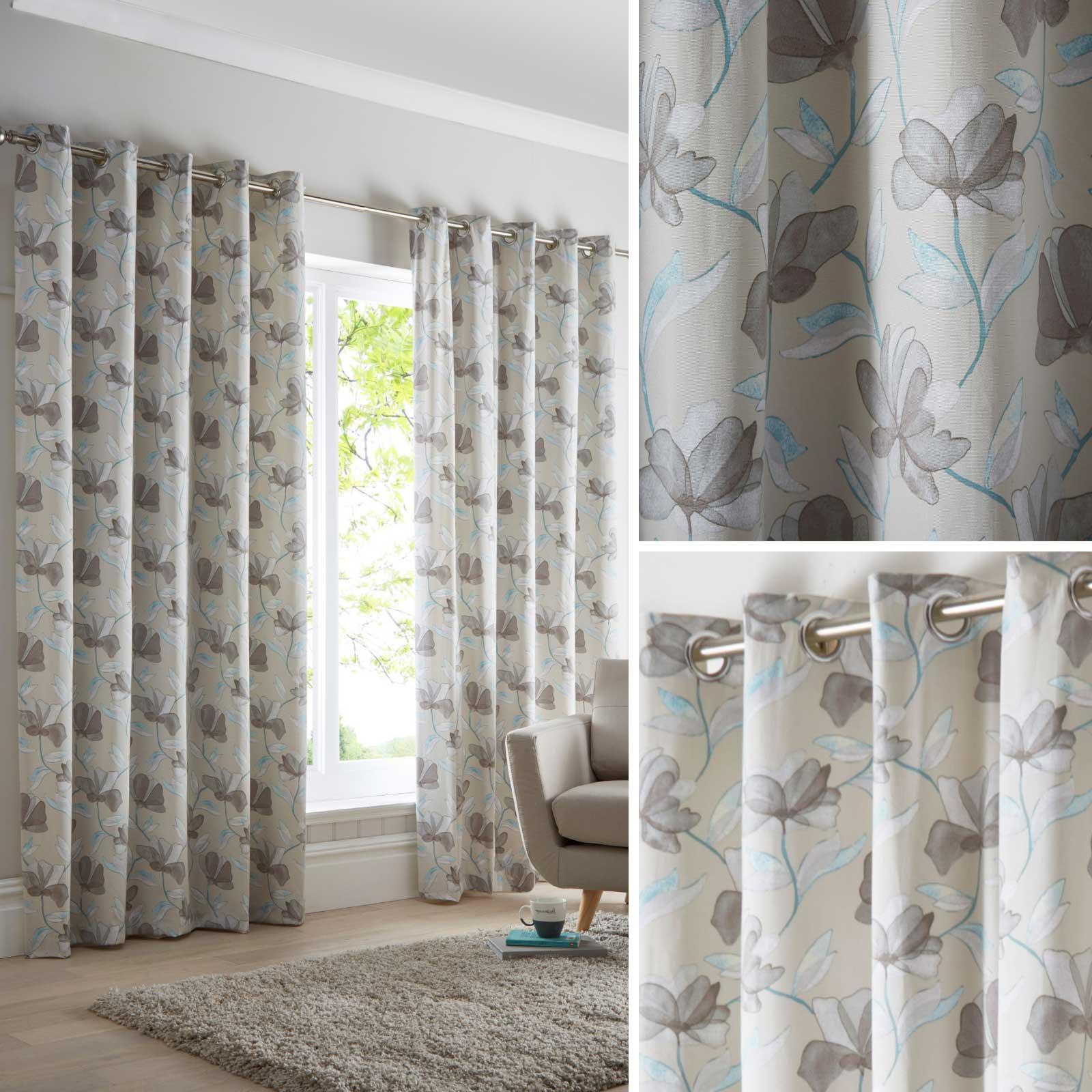 Teal Eyelet Curtains Natural Floral 