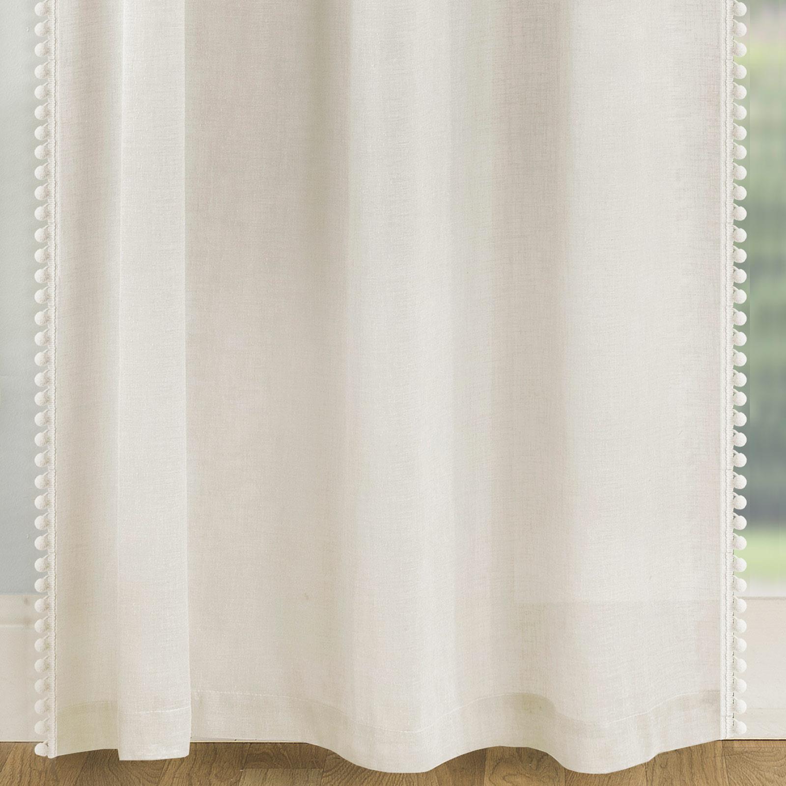 Cream Voile Curtain Pom Pom Trim Panels Slot Top Sheer Plain Linen