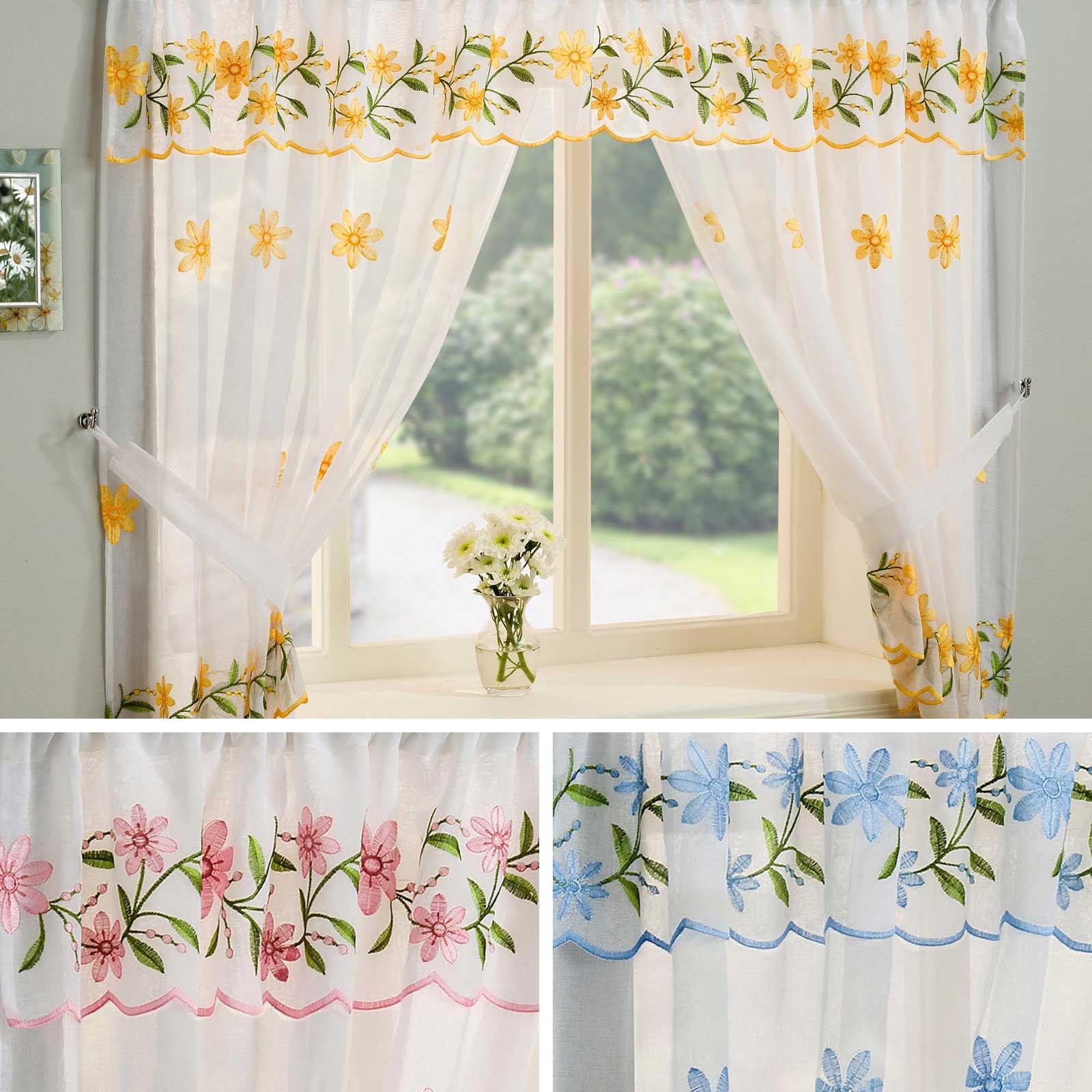 Daisy Lace Floral Curtains Set Complete Window Ready Made Embroidered Yellow
