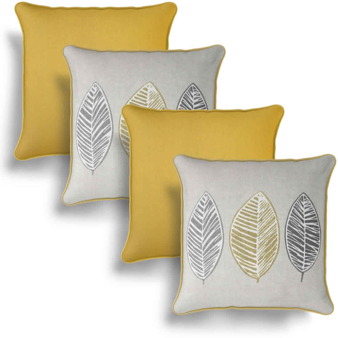 Set of 4 Cushion Covers Skandi Leaf & Plain Cotton Cushion Cover
