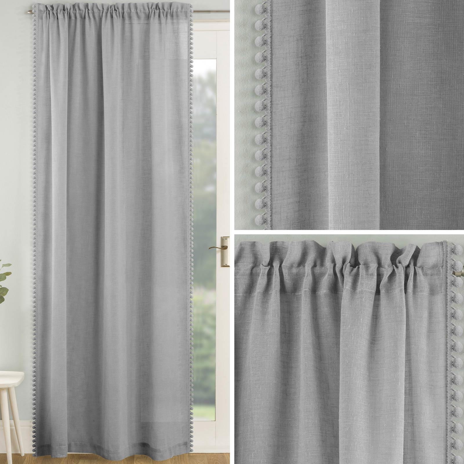 Grey Voile Curtain Pom Pom Trim Panels Slot Top Sheer Plain Linen Style