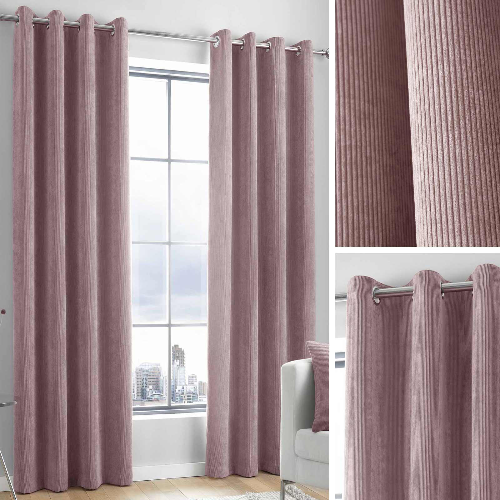 Pink Eyelet Curtains Blush Plain Cord Chenille Ready Made Lined Ring Top Pairs