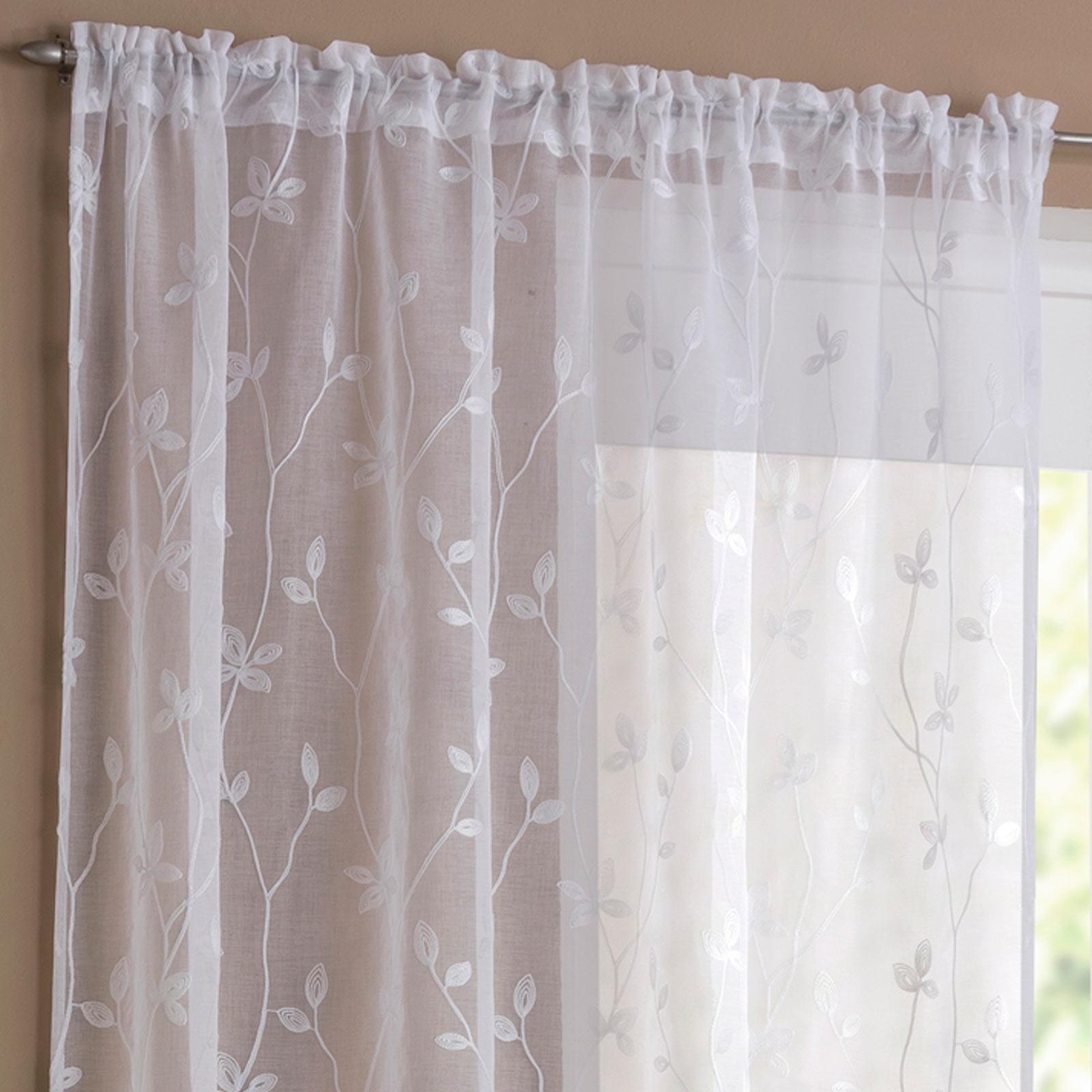 White Voile Curtain Floral Embroidered Slot Top Panels Rod Pocket Sheer Voiles Ebay